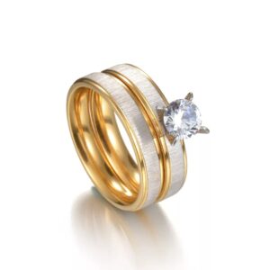Stainless Steel Women 2pcs Wedding Engagement Gold Ring