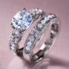 Unique 2pc Silver Women Engagement Wedding Ring Set