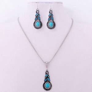 Hot Sale Blue Turquoise Jewelry Sets Tibetan Silver Necklace Earrings For Women