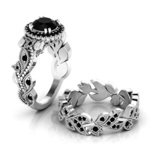 2 Pieces/Set Silver Black Zircon Vintage Inlaid Stones Wedding Ring