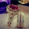 Elegant Gold Zircon Red Crystal Bridal Engagement Wedding Rings Set Jewelry