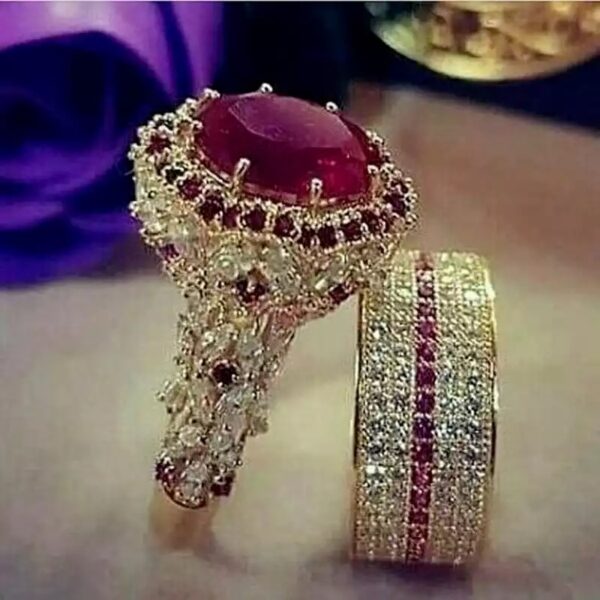 Elegant Gold Zircon Red Crystal Bridal Engagement Wedding Rings Set Jewelry