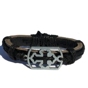 Cross Charm Bracelet Leather Catholic Faith Jewelry Silvertone Cross Charm Black Leather Adjustable Unisex Wear.